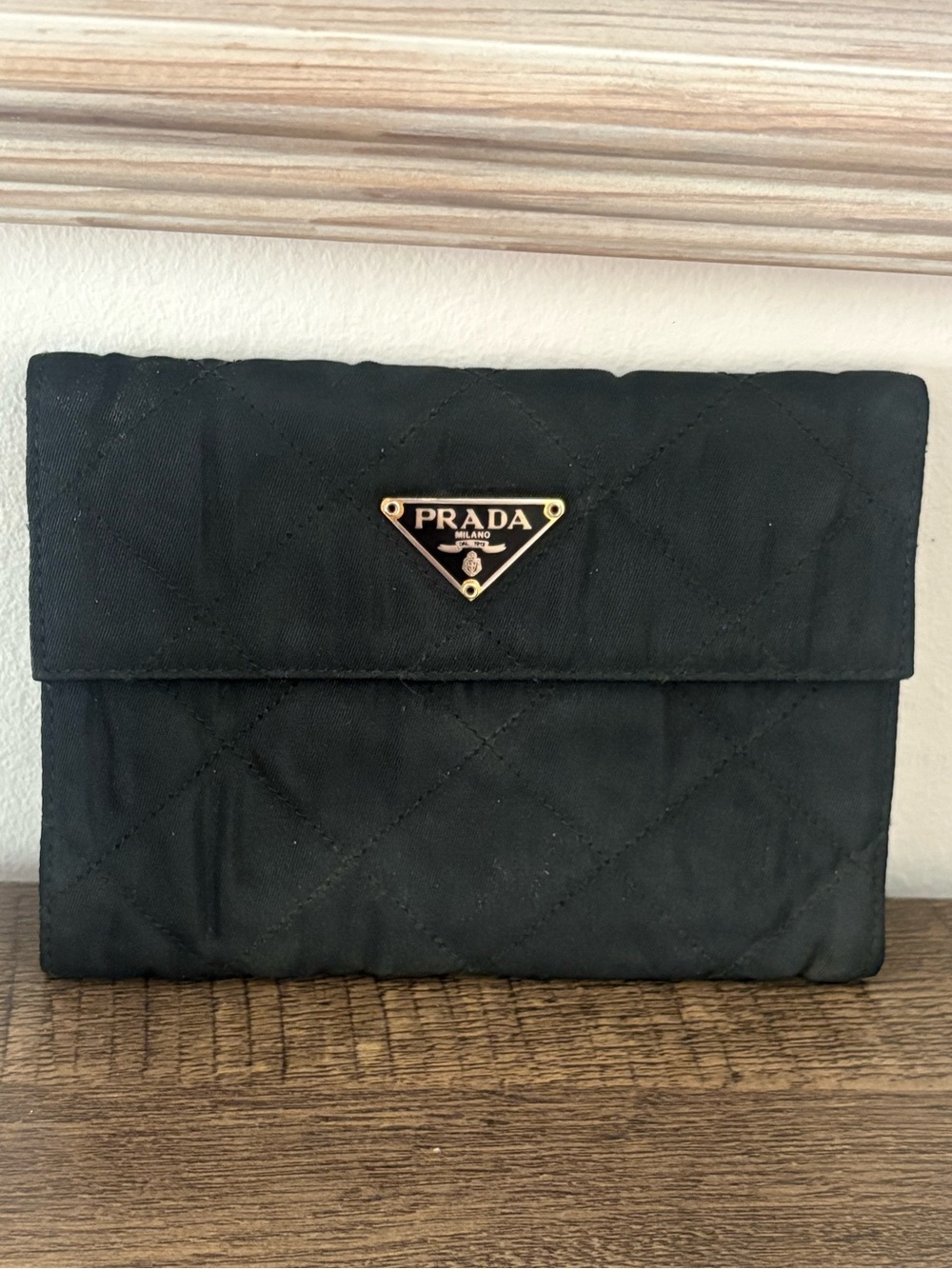 Prada Black Quilted Nylon Flap Clutch with Gold Logo